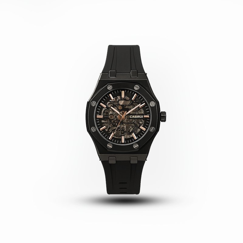 Casirui Automatic Black Skeleton Watch – Full Black Case & Premium Silicone Strap