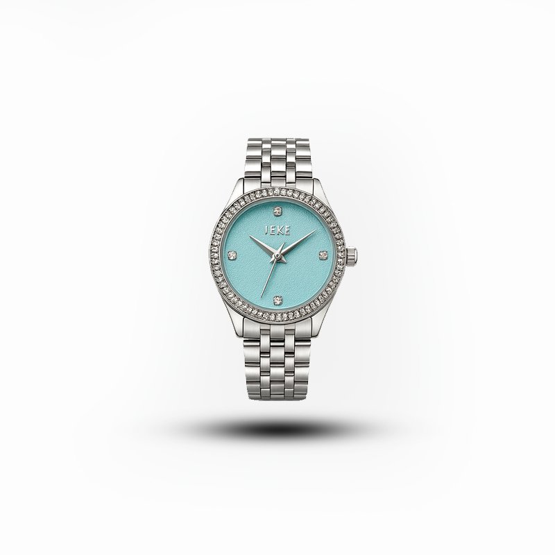 IEKE women’s silver luxury watch with aqua blue dial and crystal bezel