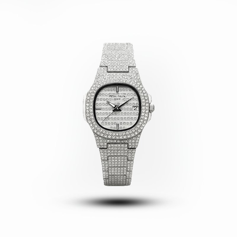 Patek Philip women’s full diamond silver watch with stone-studded bracelet