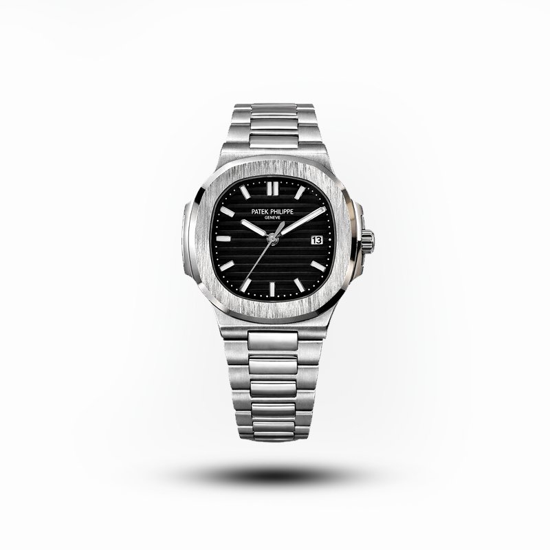 Patek Philippe-style stainless-steel men’s watch with black dial and date display