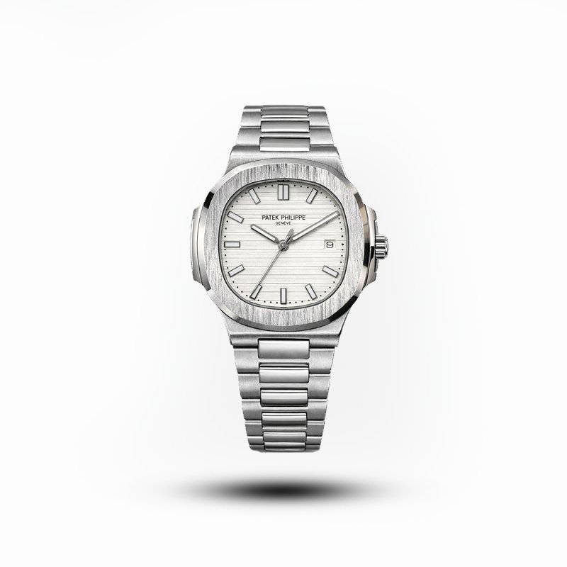 Patek Philippe-style stainless steel men’s watch with white dial and date window