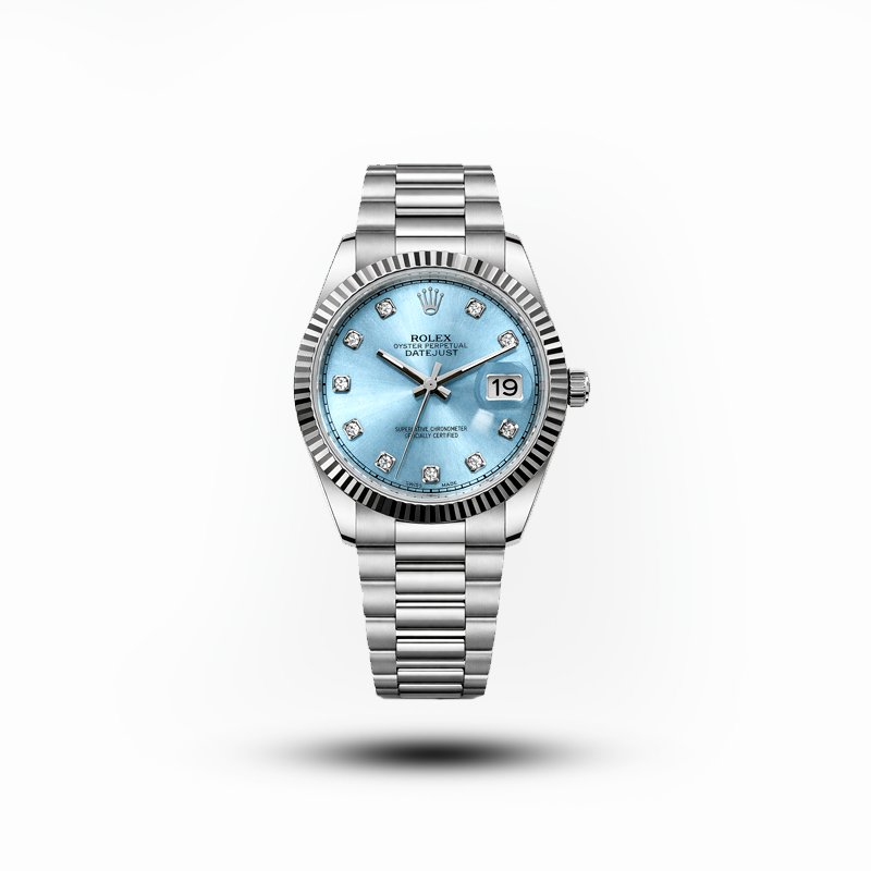 Rolex-style men’s watch with ice blue diamond dial and stainless steel bracelet