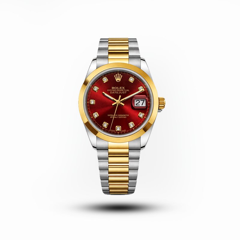 Rolex-style men’s watch with red dial and two-tone gold steel bracelet