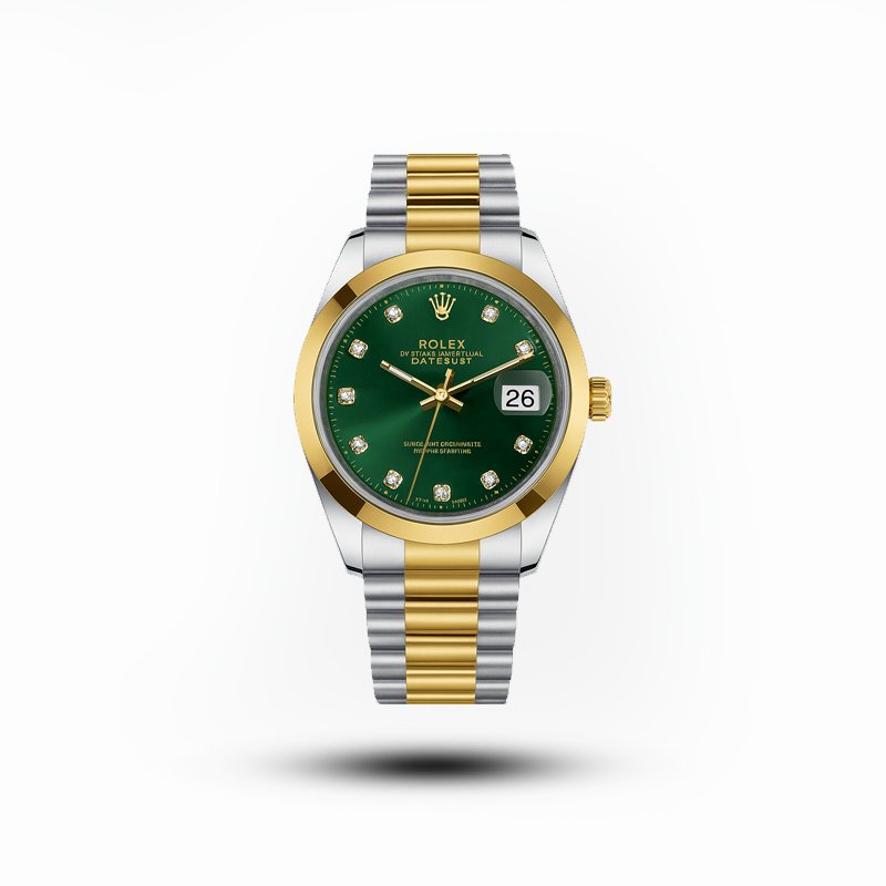 Rolex men’s green dial two-tone gold and silver watch with date display