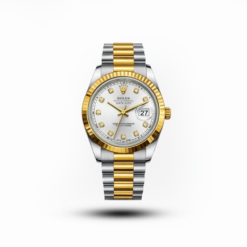 Rolex men’s two-tone gold and silver watch with silver diamond dial and date display