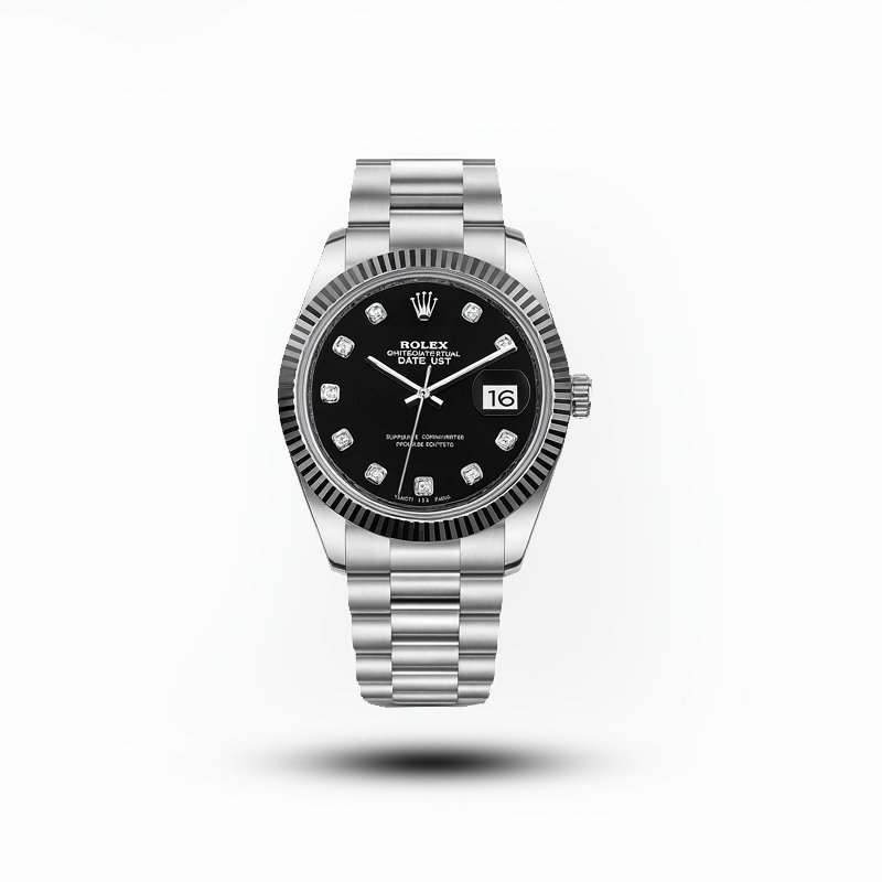 Rolex men’s stainless steel watch with black diamond-style dial and date display